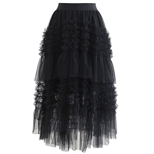 CHICWISH Women's Black Ruffle Tiered Hi-Lo Mesh Tulle Skirt at
